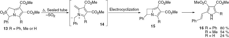 Scheme 4:
Synthesis of 2-styryl-1H-pyrroles 16 via electrocyclization of azafulvenium methides 14.