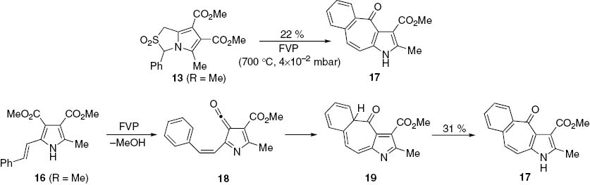 Scheme 5: 
					Synthesis of 4-oxo-1,4-dihydro-1-azabenzo[f]azulene-3-carboxylate 17 from 1H,3H-pyrrolo[1,2-c]thiazole 13 and 2-styryl-1H-pyrrole 16 (R = Me).
				