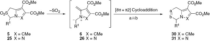 Scheme 8: 
					[8π + 2π] Cycloaddition of aza- and diazafulvenium methides.
				