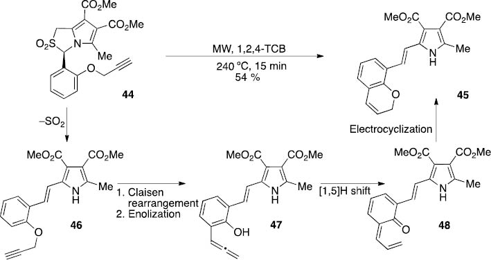 Scheme 15: 
					Synthesis of 2-[2-(2H-chromen-8-yl)vinyl]-5-methyl-1Hpyrrole 45.
				