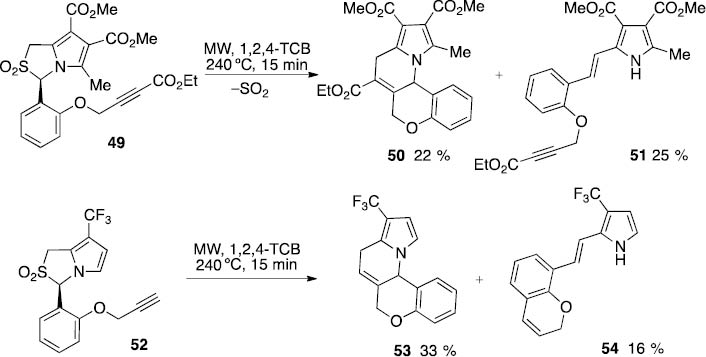 Scheme 16: 
					Microwave-induced thermolysis of 1H,3H-pyrrolo[1,2-c]-thiazole 2,2-dioxides 49 and 52.
				