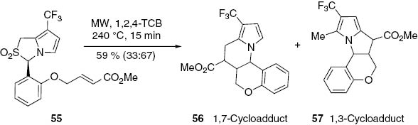 Scheme 17: 
					Reactivity of 7-(trifluoromethyl)-1H,3H-pyrrolo[1,2-c]-thiazole-2,2-dioxide (55).
				