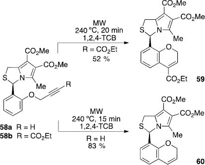 Scheme 18: 
					Synthesis of 3-(2H-chromen-8-yl)-1H,3H-pyrrolo[1,2-c]-thiazoles 59 and 60.
				