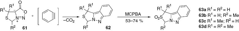 Scheme 19: 
					Synthesis of 1,3-dihydrothiazolo[3,4-b]indazoles 62 and 1,3-dihydrothiazolo[3,4-b]indazole-2,2-dioxides 63.
				