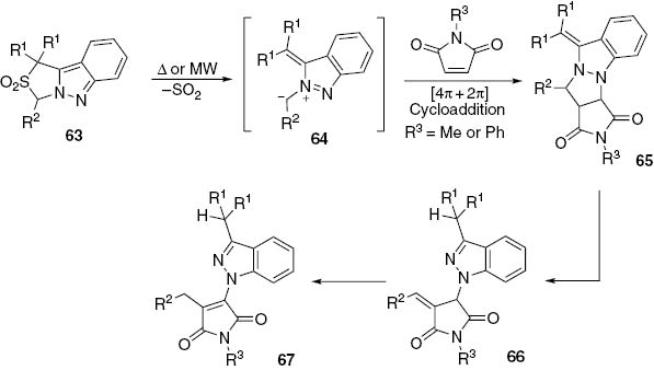 Scheme 20:
Reaction of benzo-2,3-diazafulvenium methides 64 with N-substituted maleimides.
