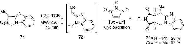 Scheme 22: 
					[8π + 2π] Cycloaddition of benzo-2,5-diazafulvenium methide 72 with N-substituted maleimides.
				