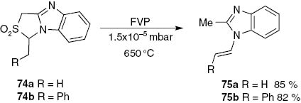 Scheme 23: 
					Sigmatropic [1,8]H shifts of benzo-2,5-diazafulvenium methides derived from thiazolo[3,4-a]benzimidazole-2,2-dioxides 74 leading to N-vinylbenzimidazoles 75.
				