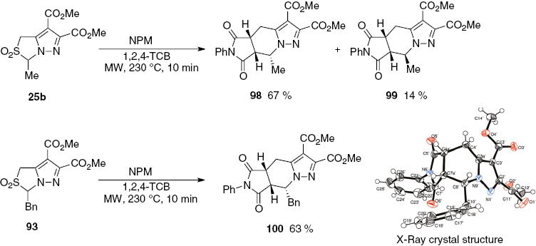 Scheme 32: 
						Cycloaddition of diazafulvenium methides generated from 1H,3H-pyrazolo[1,5-c]thiazole-2,2-dioxides 25b and 93 with N-phenylmaleimide.
					