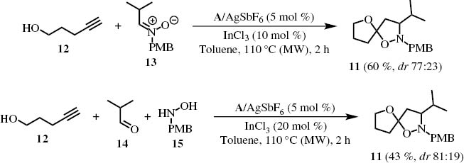 Scheme 5:
Synthesis of spirocyclic isoxazolidine 11 by two- or three-component coupling (PMB=p-methoxybenzyl).