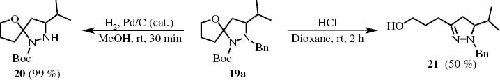 Scheme 7:
Deprotection of spirocyclic pyrazolidine 19a.