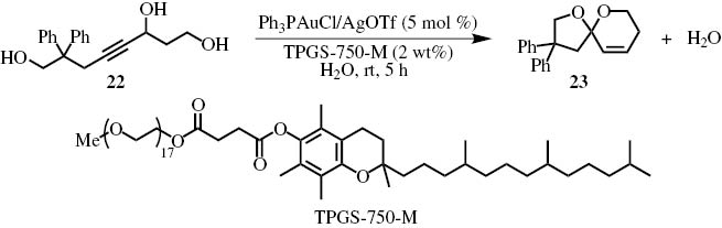 Scheme 10:
Gold-catalyzed dehydrative spirocyclization of alkynetriol 22 under micellar conditions.