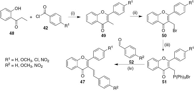 Scheme 8: Reagents and conditions: (i) LiHMDS, dry toluene, r.t., 37 h; (ii) NBS, benzoyl peroxide, CCl4, reflux, 7 h; (iii) PPh3, dry toluene, reflux, 24–43 h; (iv) NaH, dry THF, r.t., 2.5 h.