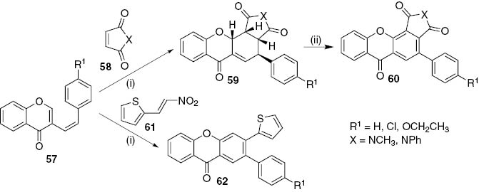 Scheme 11: Reagents and conditions: (i) MW (270 W), 30 min; (ii) DDQ, 1,2,4-TCB, MW (300 W), 45 min.