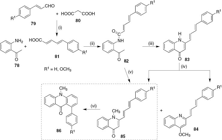 Scheme 17: Reagents and conditions: (i) dry pyridine, 120°C, overnight; (ii) DCC, 4-ppy, CH2Cl2, r.t., 6–8 days; (iii) t-BuOK, t-BuOH, 90°C, 6 h; (iv) CH3I (20 equiv), NaH (1.0 equiv), dry THF, r.t., 24 h; (v) CH3I (1.5 equiv after 30 min.), NaH (1.5 equiv+1.0 equiv after 18 h), dry THF, r.t., 24 h; (vi) I2 (cat.), 1,2,4-TCB, reflux, 2 h.