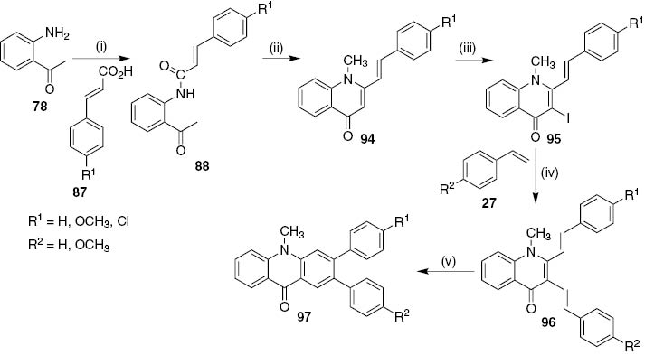 Scheme 19: Reagents and conditions: (i) DCC, 4-ppy, CH2Cl2, r.t., 6–8 days; (ii) CH3I (1.5 equiv after 30 min.), NaH (1.5 equiv+1.0 equiv after 18 h), dry THF, r.t., 24 h; (iii) I2 (10%), (NH4)2Ce(NO3)6, CH3CN, 80°C, 3–4 h; (iv) Pd(PPh3)4, Et3N, with tris(o-tolyl)phosphine or without ligand, NMP or CH3CN, 80–100°C, 3–7 h; (v) 1,2,4-TCB, I2 (10%), p-TSA, reflux, 2–3 h.