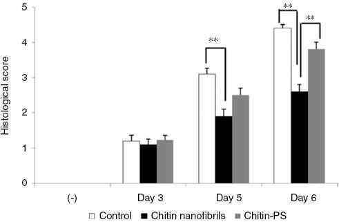 Fig. 6: Effect of administration of chitin nanofibrils on the histological damage score of the intestinal mucosa in mice with DSS-induced acute UC.Data represent the means ± S.E. of 30 fields/100× field in each group. Values are compared among control (+), chitin nanofibrils (+) and chitin-PS (+) groups. **p < 0.01. Reprinted with permission from ref. [26].