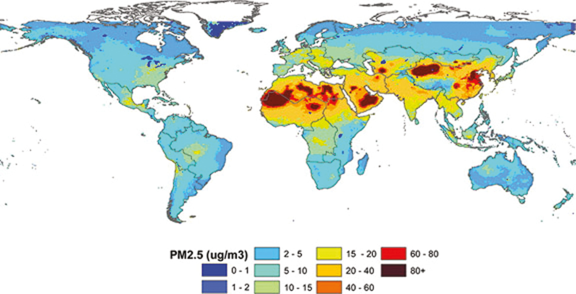 Fig. 1: Estimated annual average concentration of PM2.5 in 2005 in μg/m3 [10].