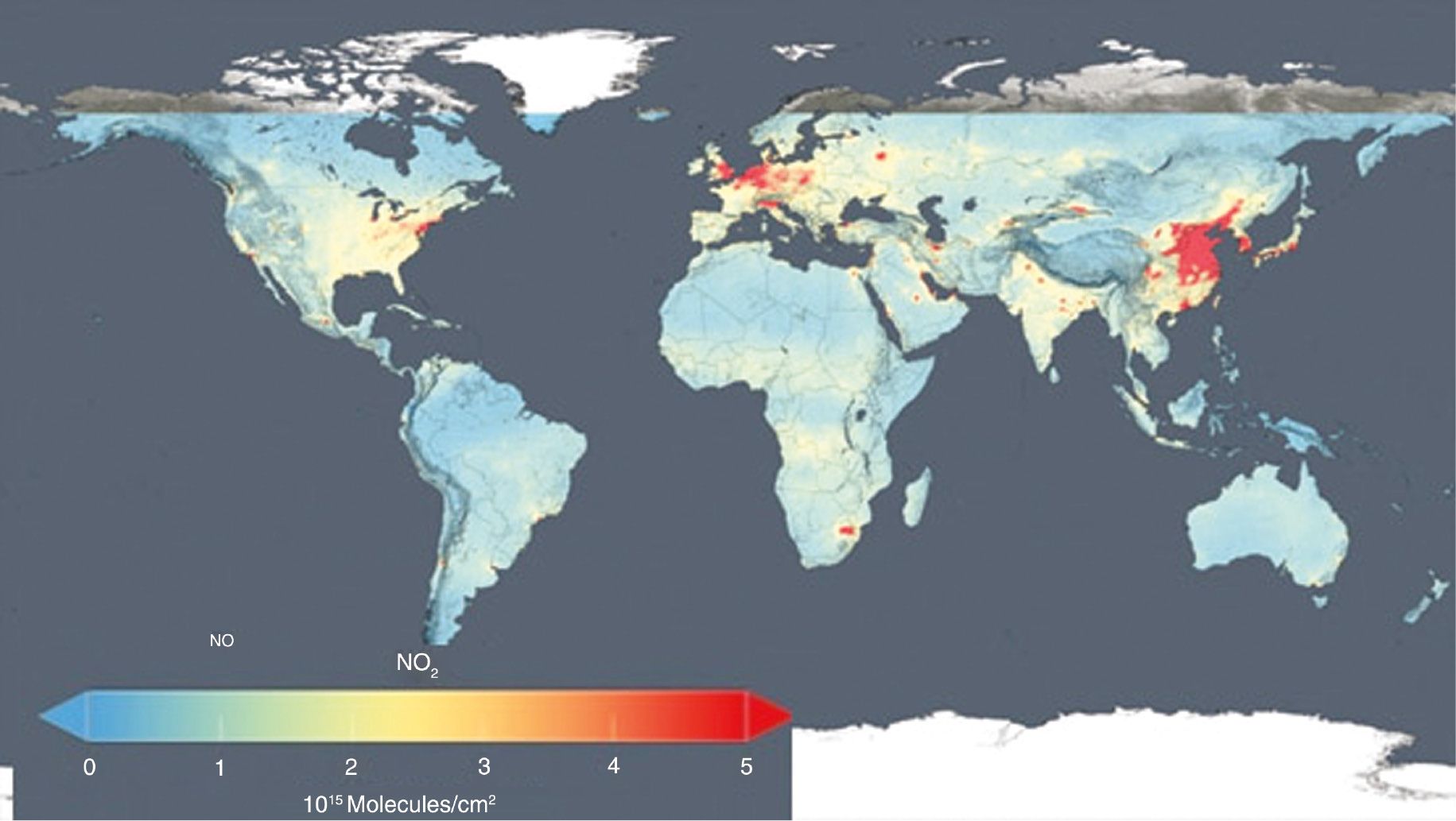 Fig. 2: This global map shows the concentration of nitrogen dioxide in the troposphere as detected by the Ozone Monitoring Instrument aboard the Aura satellite, averaged over 2014. Credits: NASA [12].