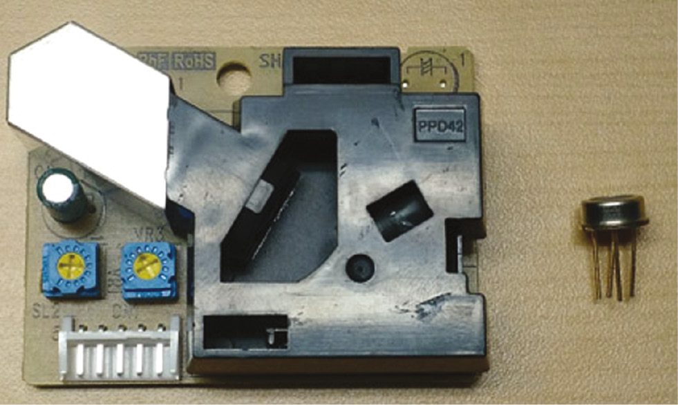 Fig. 4: Shinyei PPD42NS PM2.5 sensor (left) SGX MiCS 2710 NOx sensor (right).