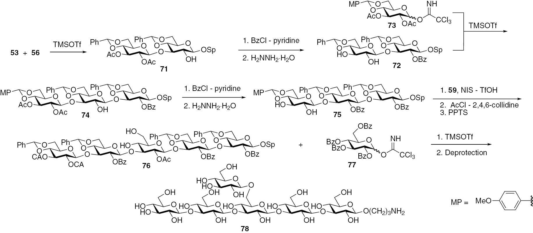 Fig. 11:
Synthesis of the hexaglucoside with branching in the central glucose unit of the linear core.