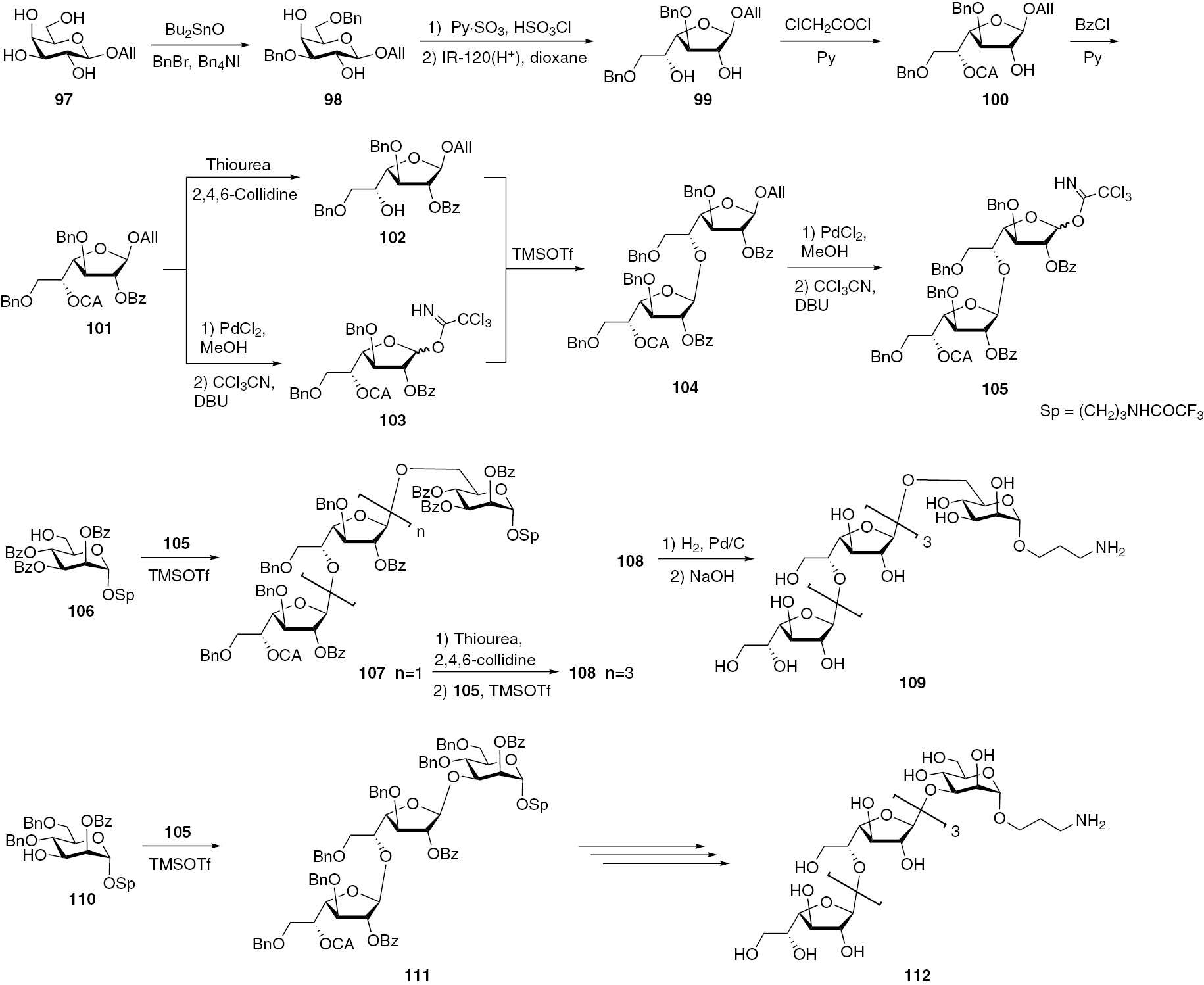 Fig. 14:
Synthesis of pentasaccharides 109 and 112 related to the galactomannan from A. fumigatus.