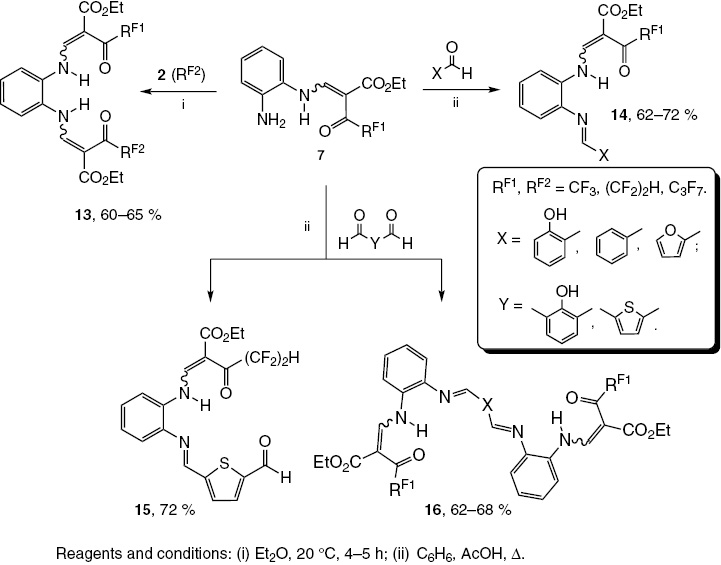 Scheme 4:
NH2-functionalization of RF-2-aminomethylene derivatives 7.
