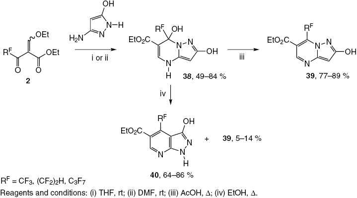 Scheme 13: 
              Synthesis of fluoroalkylated pyrazolo[1,5-a]pyrimidines and pyrazolo[3,4-b]pyridines.
            