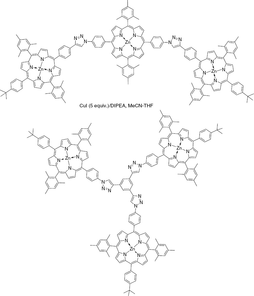 Scheme 12: 
          Cu(I)-mediated “click” reactions in the synthesis of porphyrin trimers of different architectures.
        