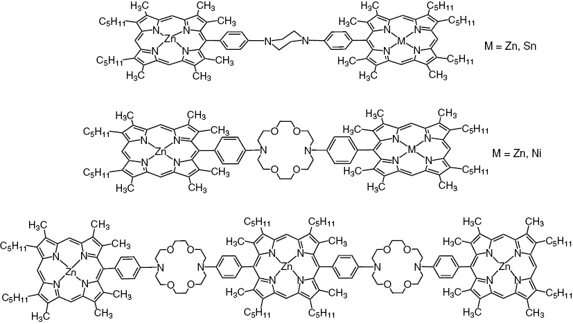 Scheme 13: 
          Examples of various di- and triporphyrin structures obtained using Pd(0)-catalzyed amination reactions.
        