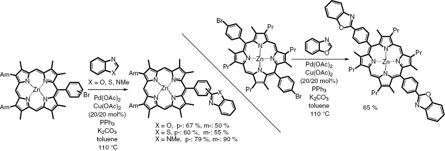 Scheme 23: 
          CH-activation in the synthesis of porphyrins substituted with heterocyles.
        