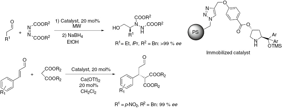 Scheme 25: 
          Asymmetric α-amination and addition to α,β-unsaturated aldehydes using immobilized organocatalyst.
        
