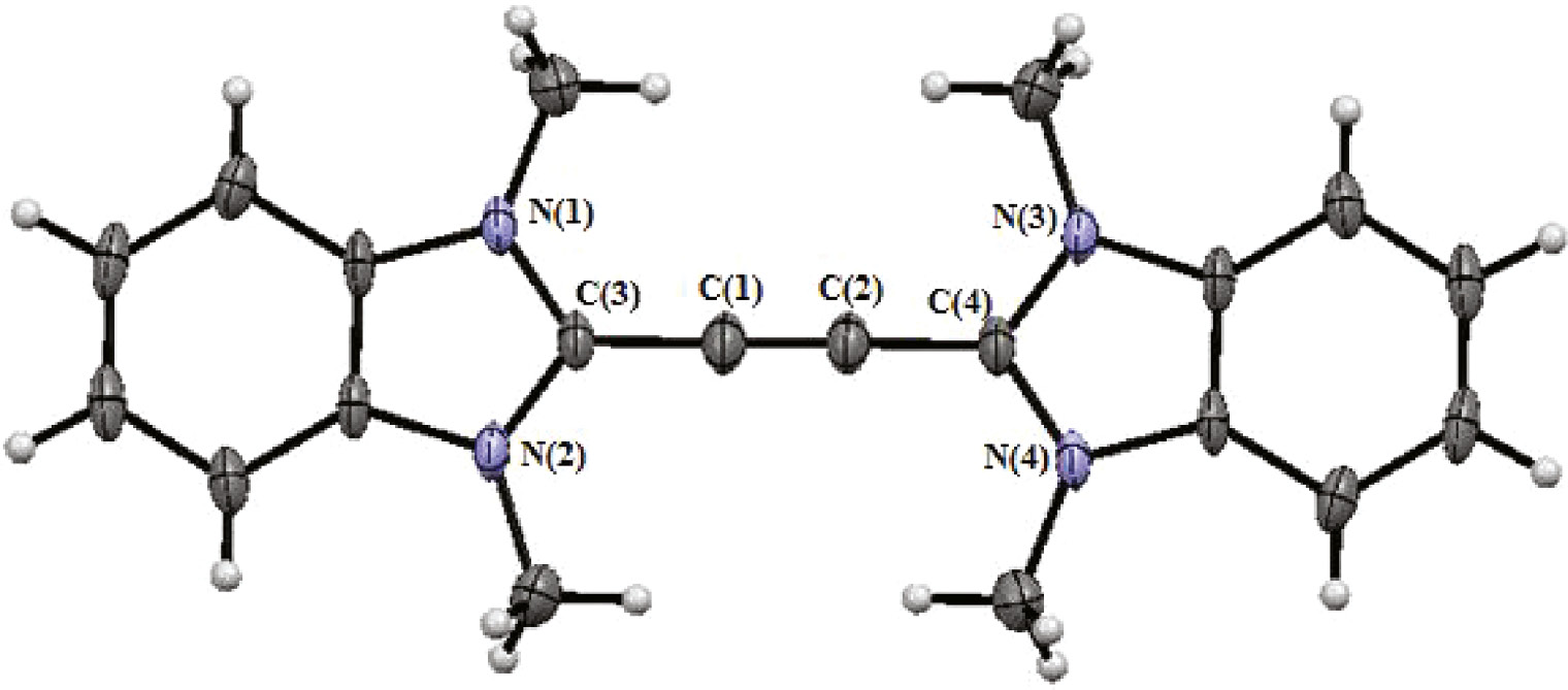 Fig. 1: Solid State structure of 14. BF4 counterions are omitted and thermal ellipsoids are drawn at 50% probability. Selected bond lengths (Å) bond angles (°): C(1)–C(2) 1.180(7), C(1)–C(3) 1.413(5), C(1)–C(2)–C(3)–C(4) 180.00.