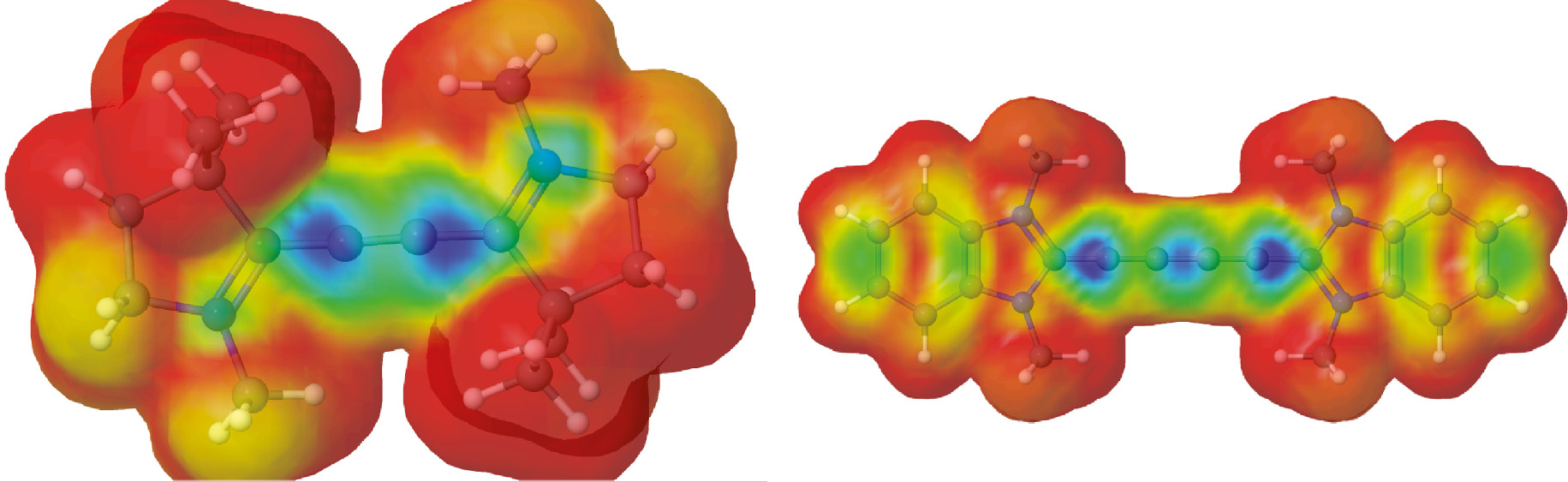 Fig. 4: Calculated radical spin density on the radical cations of [cAAC-C-C-cAAC]+ (left) and 18 (right).