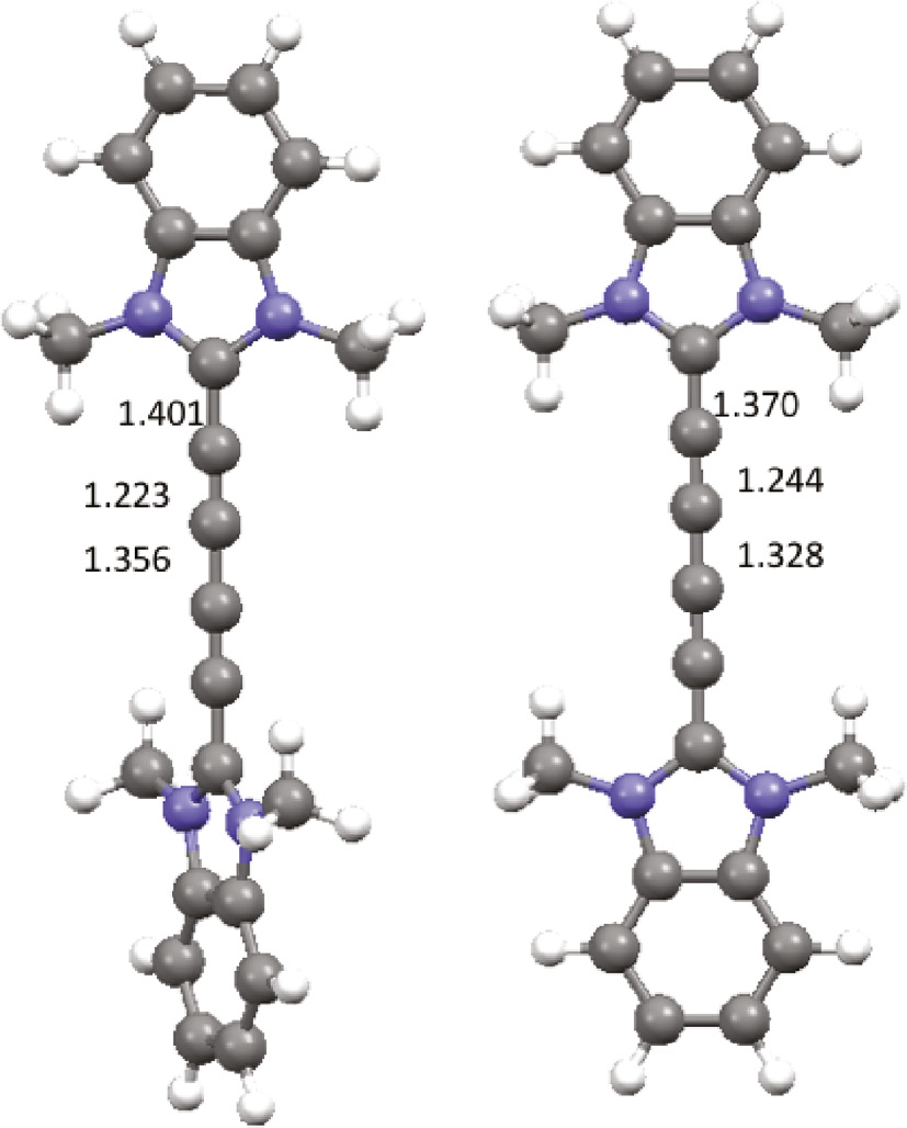 Fig. 5: Optimized geometries of the dicationic unit in 17 (left) and cationic unit in 18 (right), with C–C bond distances for the central C4 unit shown.