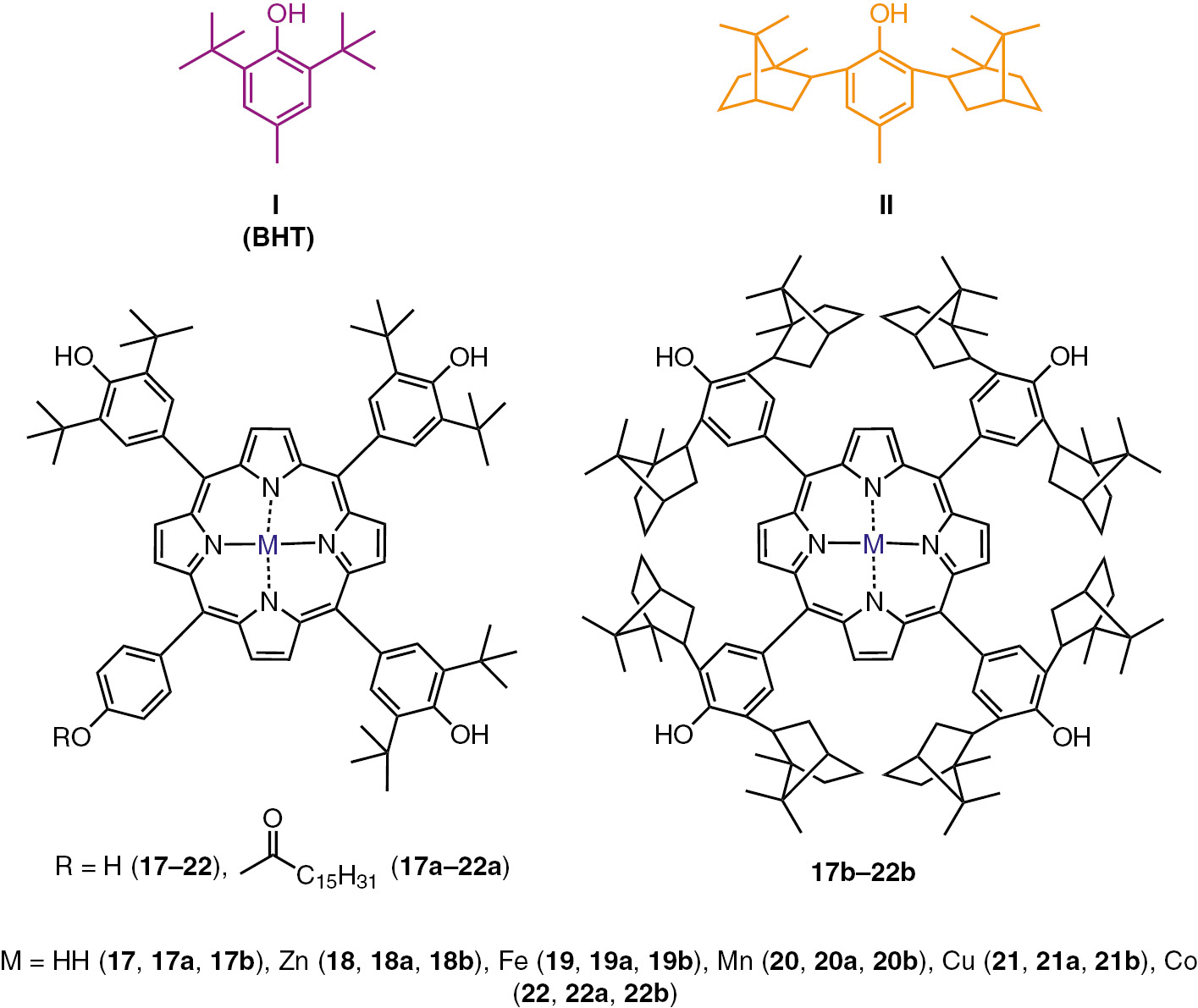 Scheme 6:
The structures of metal porphyrins with antioxidant moieties.