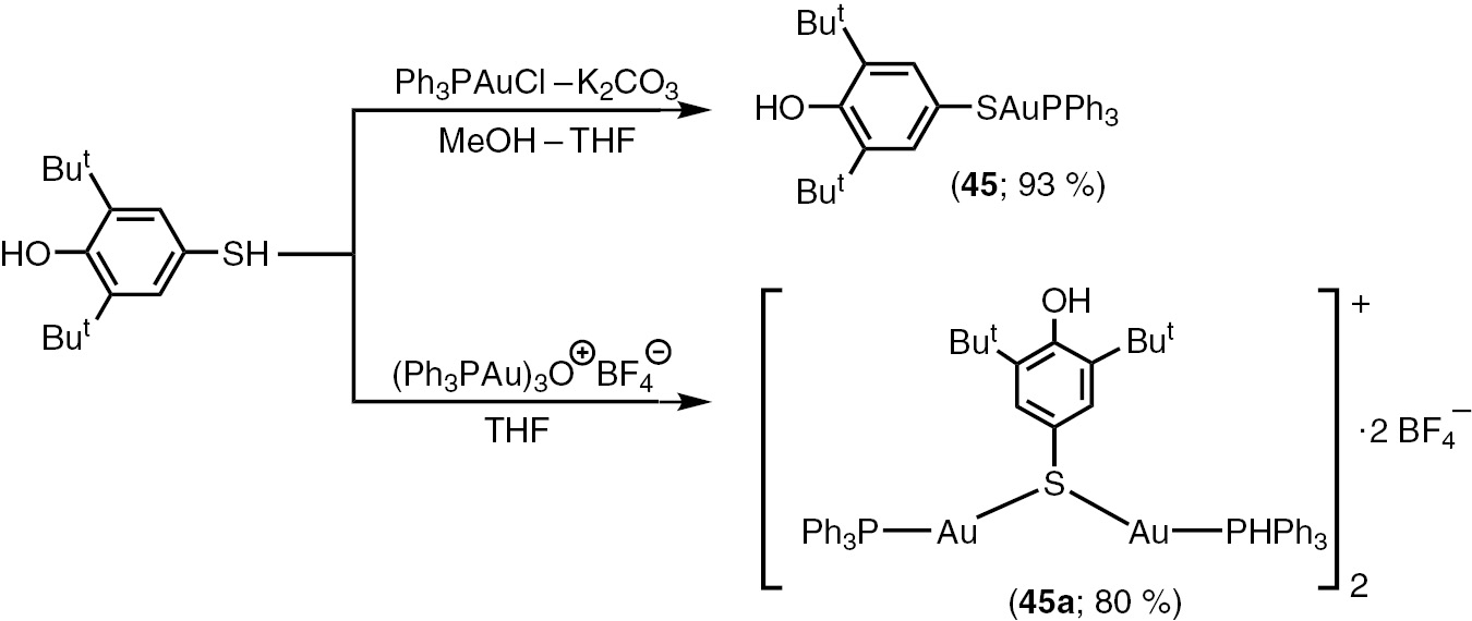 Scheme 13:
Synthesis of gold complexes 45 and 45a containing 2,6-di-tert-butyl-4-mercaptophenol.