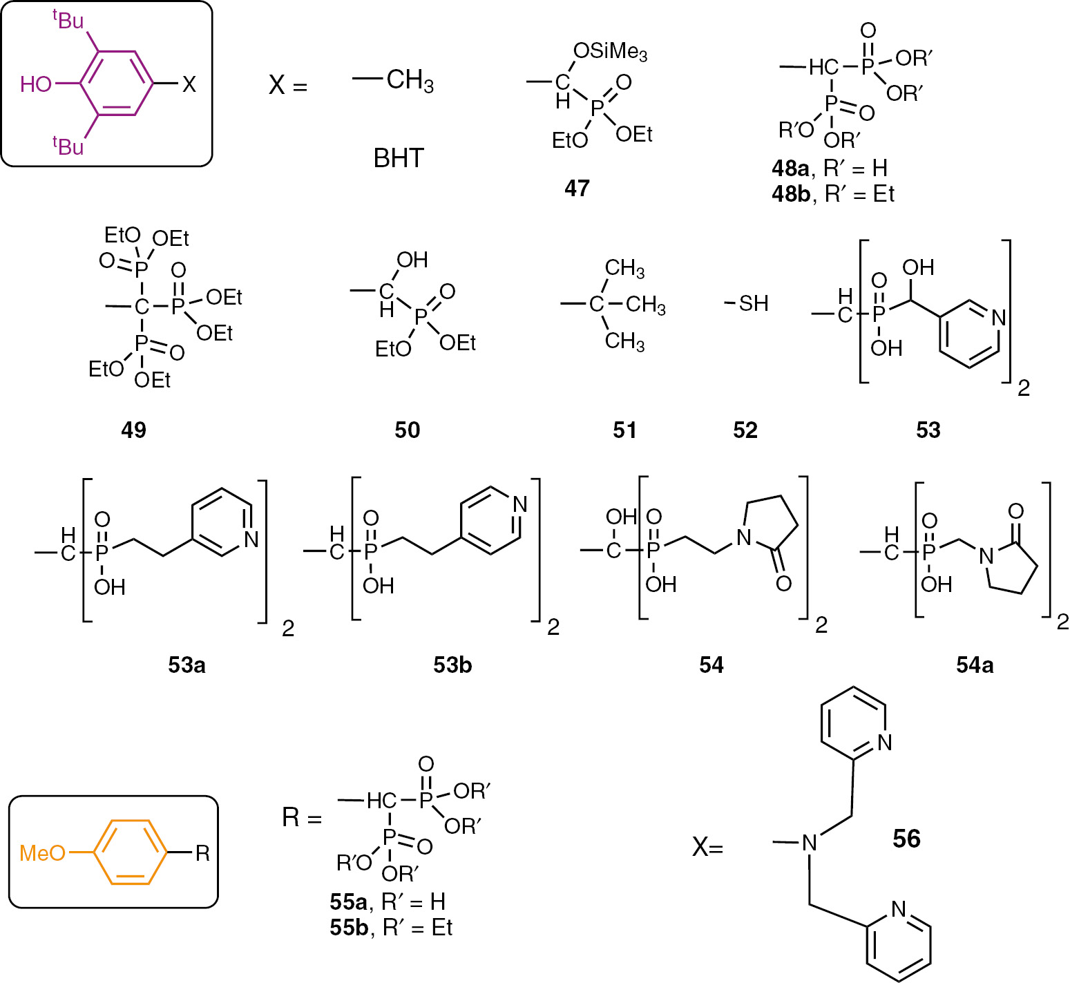 Scheme 16:
Formulae of the phosphorylated BHT derivatives.