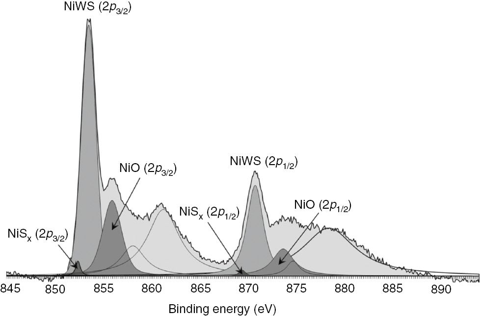 Fig. 3: 
            XPS Ni 2p spectrum of NiWS-osp catalyst.
          