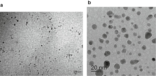 Fig. 3: 
            TEM micrographs of Nafion membranes with incorporated SiO2 particles, synthesized in-situ (a) [78], or obtained through membrane casting with pre-formed CsxH3−xPW12O40 particles (b) [79].
          