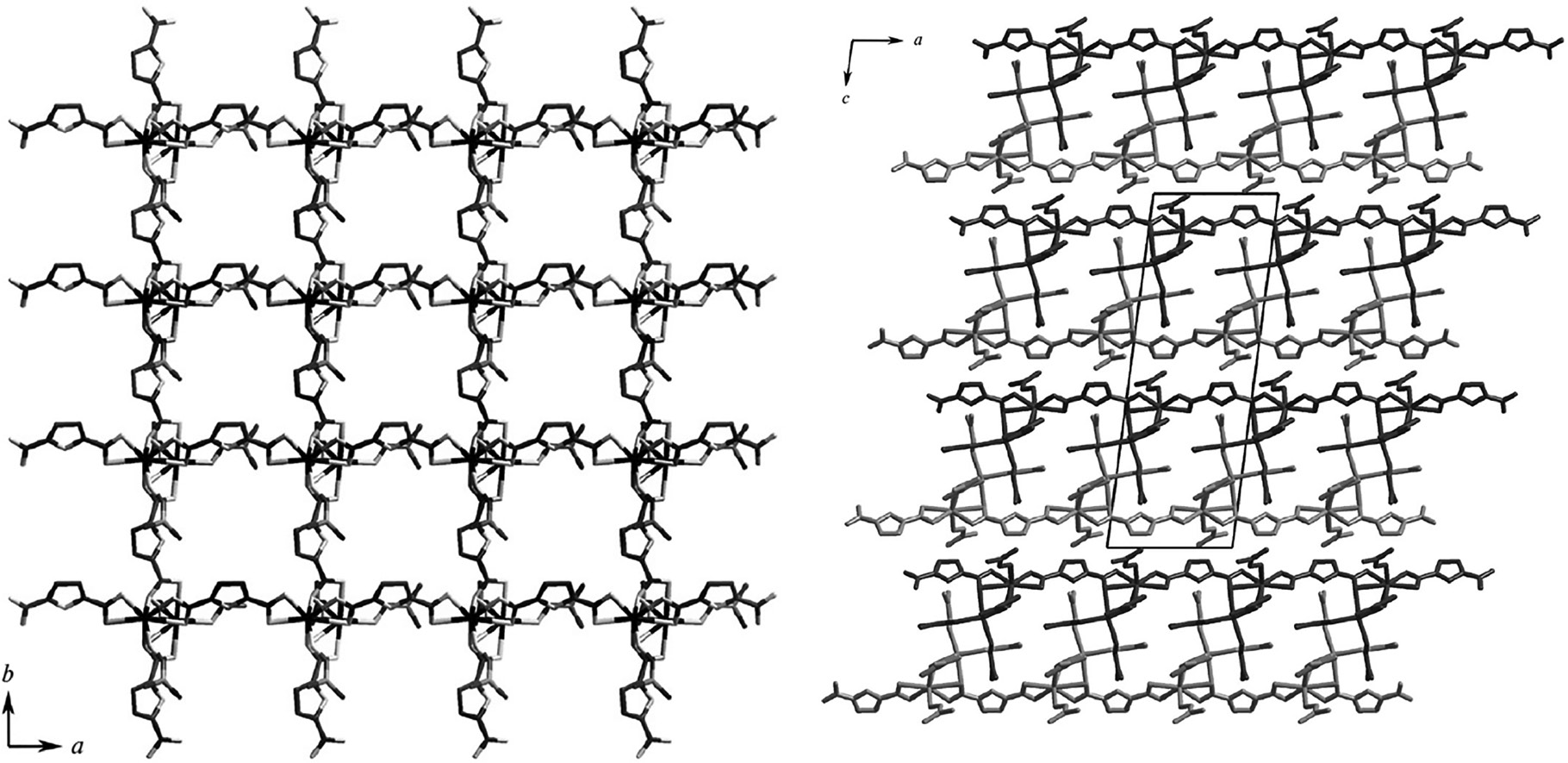 Fig. 5: 
            The layer (left) and the packing of the double layers (right) in the structure of [Cd2(dmf)3(fdc)2] (2).
          