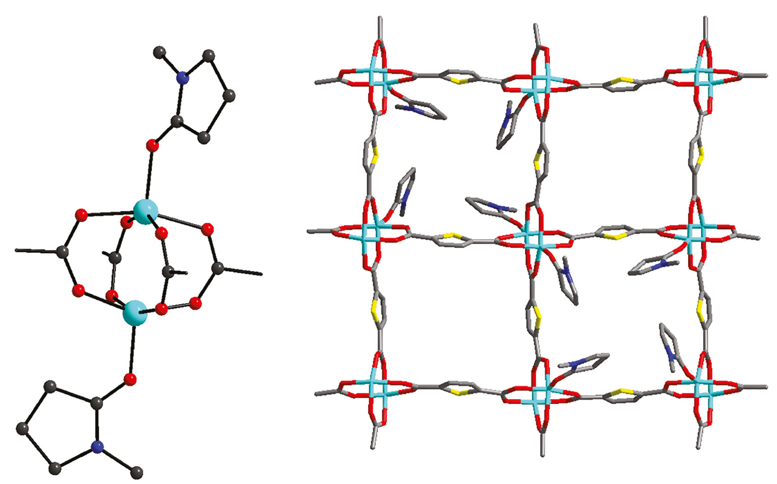 Fig. 6: 
            The structure of the secondary building unit (left) and the structure of the layer (right) in compound [Zn2(Nmp)2(tdc)2]· 2NMP·0.5H2O (3).
          