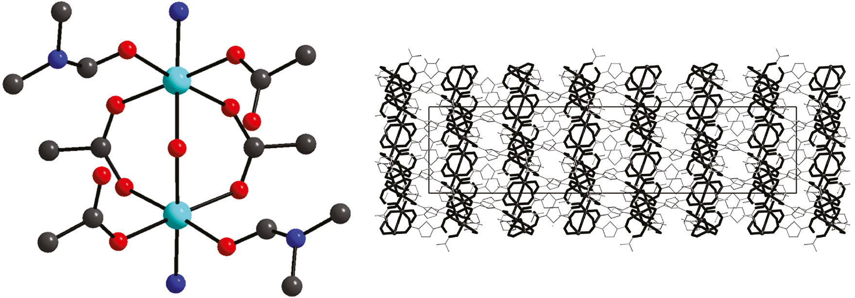 Fig. 7: 
            The structure of [Zn6(H2O)3(dmf)6(ur)2(tdc)6]·4H2O (4): the secondary building unit (left) and the fragment of the framework (right).
          