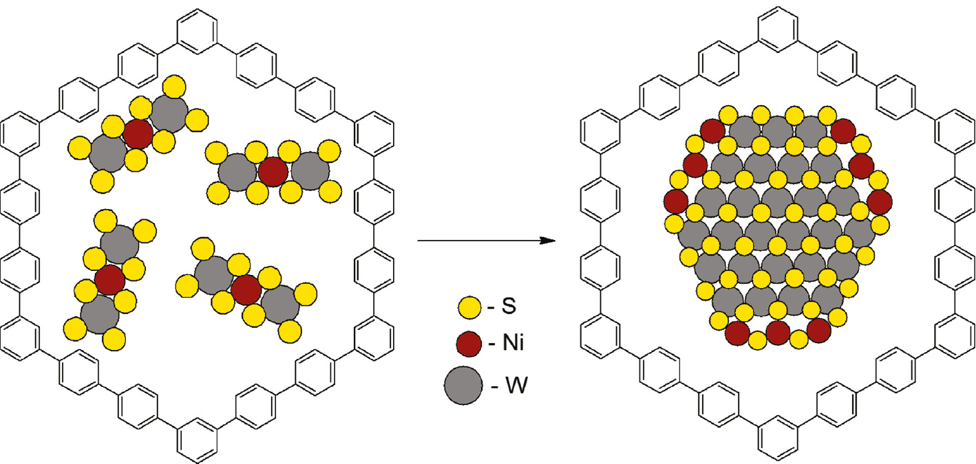 Fig. 7: 
          Scheme of NiWS-phase formation from thiosalt within the pores of polymers.
        