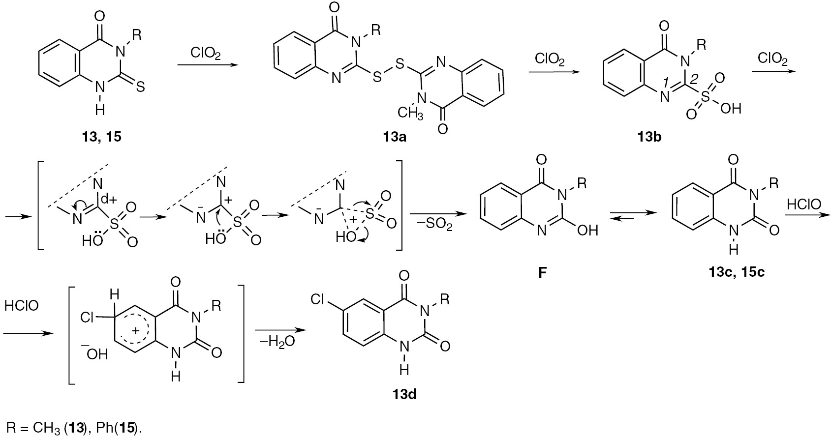 Scheme 6: 
              Reaction of chlorine dioxide with 3-methyl- (13) and 3-phenyl- (15) 2-sulfanilhinazolin-4(3H)-ones.
            
