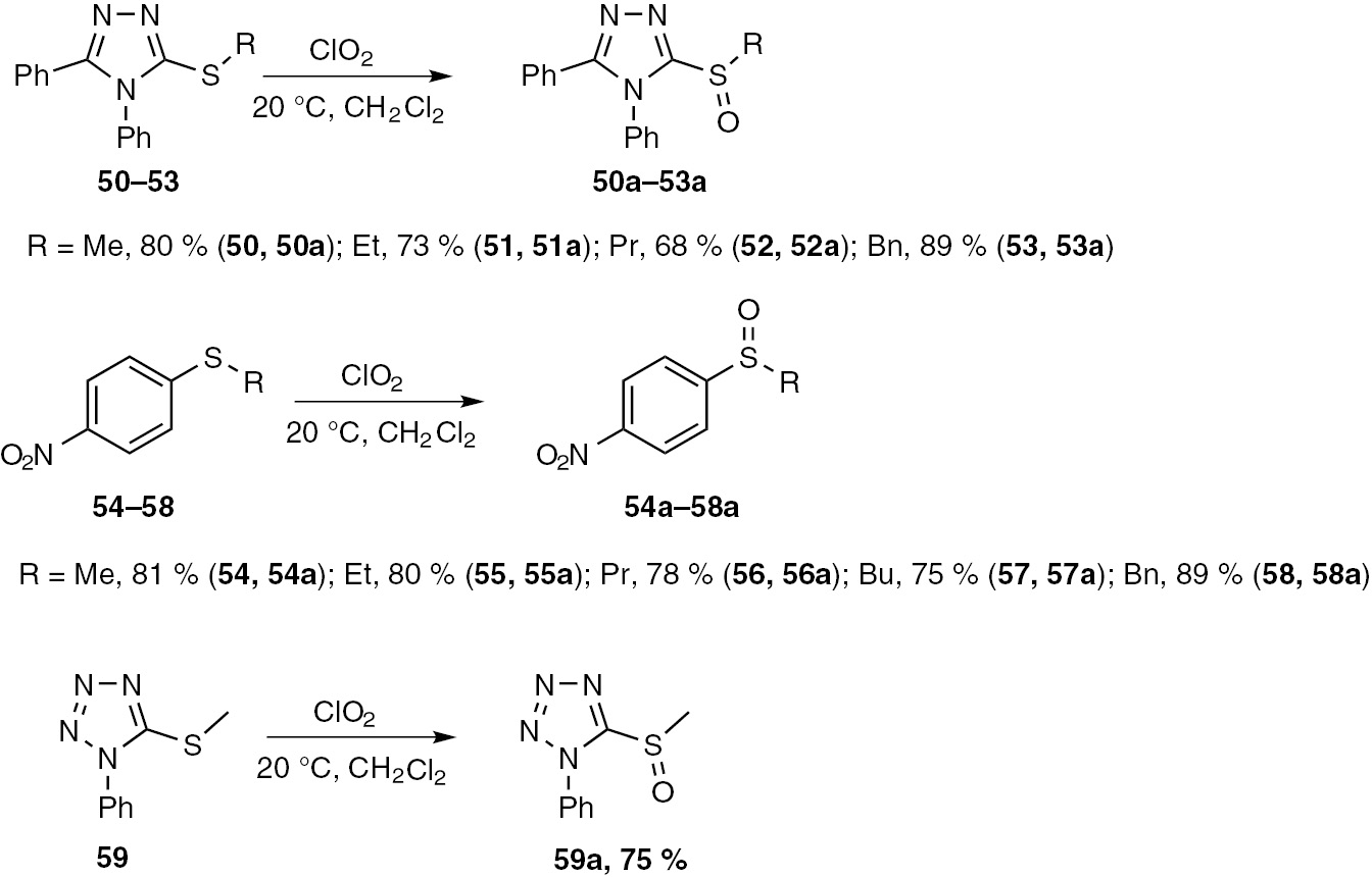 Scheme 14: 
              Reactions of chlorine dioxide with aryl and heteroaryl sulfides 50–59.
            