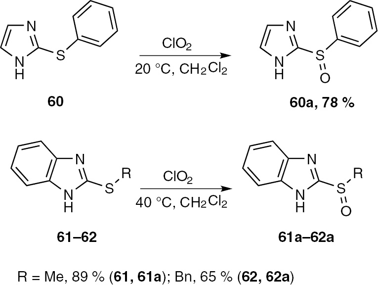 Scheme 15: 
              Reactions of chlorine dioxide with imidazole and benzimidazole sulfides 60–62.
            