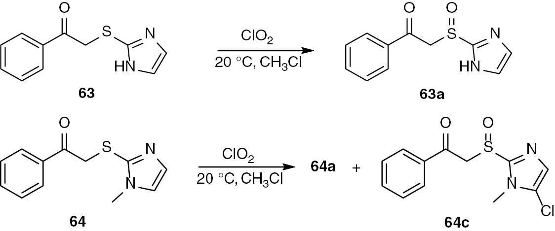 Scheme 16: 
              Reactions of chlorine dioxide with imidazole sulfides 63–64.
            