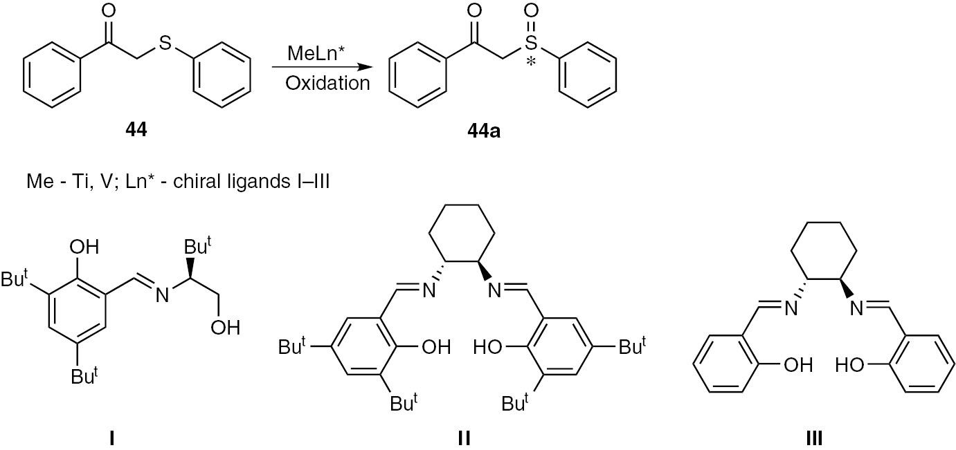 Scheme 17: 
              Asymmetric oxidation of ketosulfide 44 by chlorine dioxide using Bolm system.
            