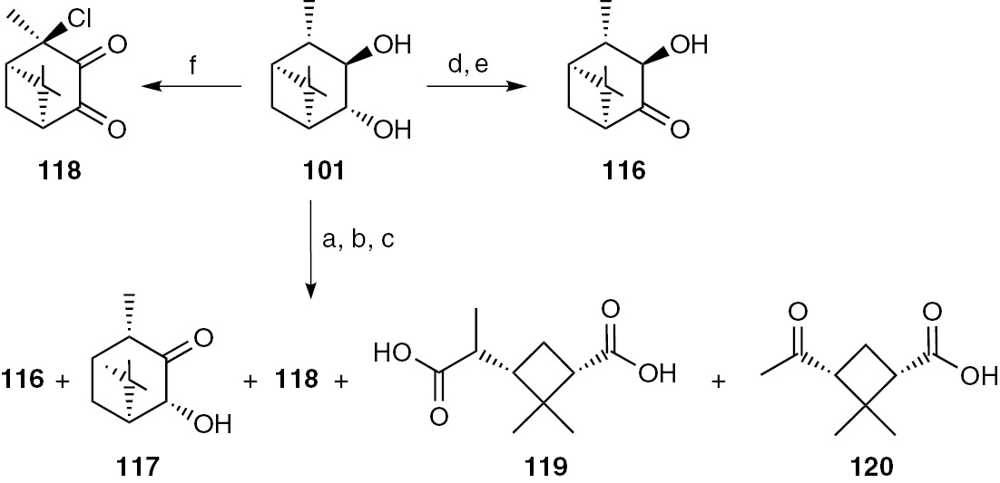 Scheme 25: 
              Interaction of pinane diol 101 with chlorine dioxide. (a) ClO2, Py; (b) ClO2, Py, Mo(II); (c) ClO2, Py, VO(acac)2; (d) ClO2, DMF; (e) ClO2, DMF, Mo(II); (f) ClO2, DMF, VO(acac)2.
            