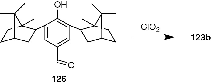 Scheme 27: 
            Oxidation of 3,5-diisobornyl-4-hydroxybenzaldehyde 126 with chlorine dioxide.
          